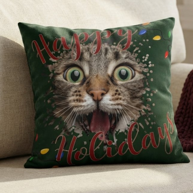 Happy Holidays Pet Photo Lights Script Typography Throw Pillow (Creator Uploaded)