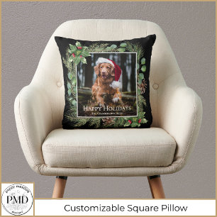 Happy Holidays Pet Photo Wreath Greenery  Throw Pillow