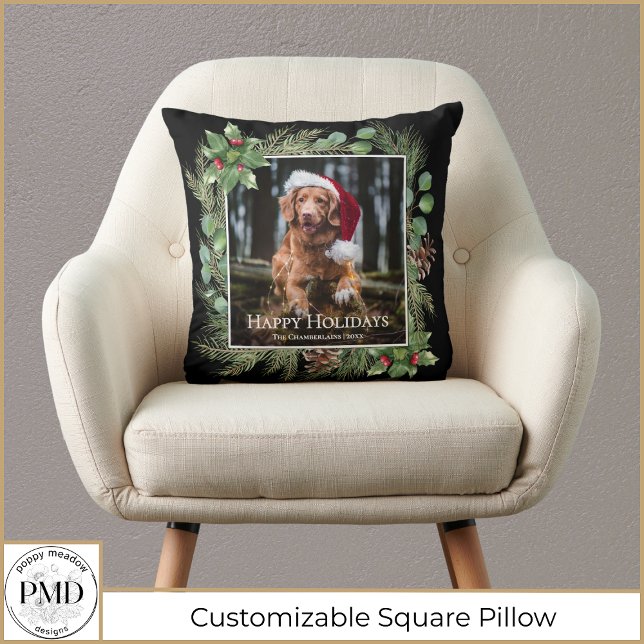 Happy Holidays Pet Photo Wreath Greenery  Throw Pillow (Happy Holidays Pet Photo Wreath Greenery Botanical Throw Pillow with Your Name, Year, Photo.)
