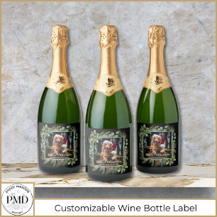 Happy Holidays Pet Photo Wreath Sparkling Wine Label