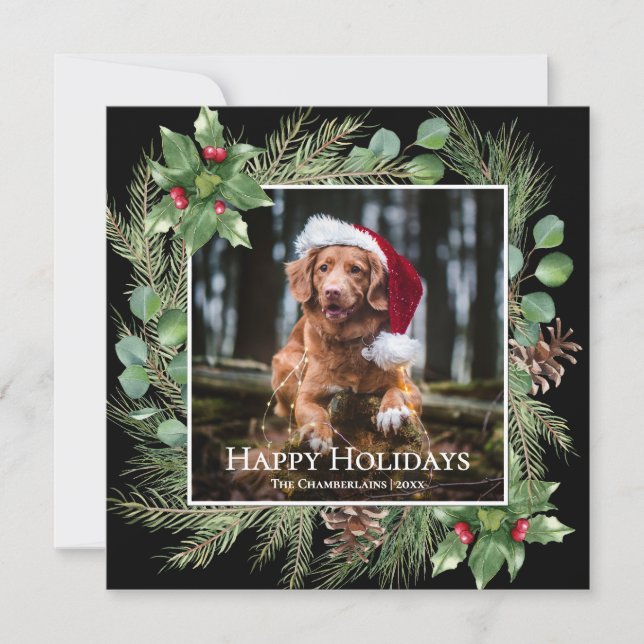 Happy Holidays Pet Photo Wreath Square Card (Front)