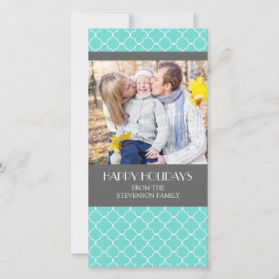 Happy Holidays Photo Card Teal Grey Quatrefoil
