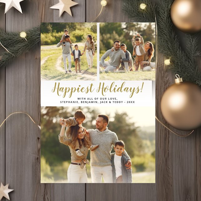 Happy Holidays Photo Collage Gold Stripe Christmas Holiday Card (Creator Uploaded)