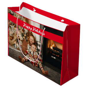 Happy Holidays Photo Collage Red Christmas  Large Gift Bag