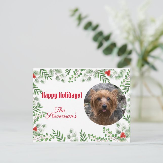 Happy Holidays Photo Custom Holly Greenery Postcard (Standing Front)