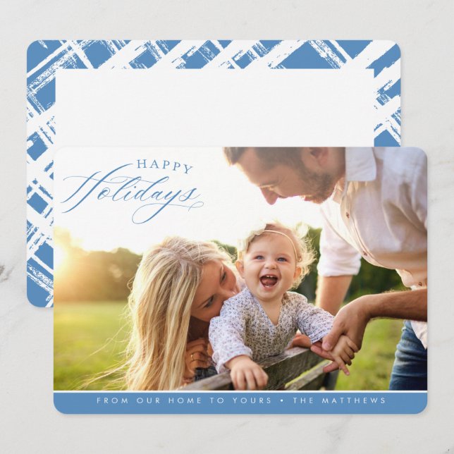 HAPPY HOLIDAYS PHOTO elegant calligraphy blue Holiday Card (Front/Back)