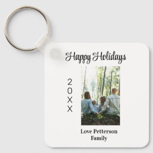 Happy holidays photo family name year calligraphy  keychain