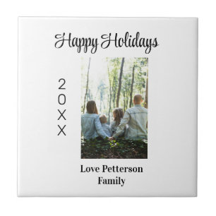 Happy holidays photo family name year calligraphy tile