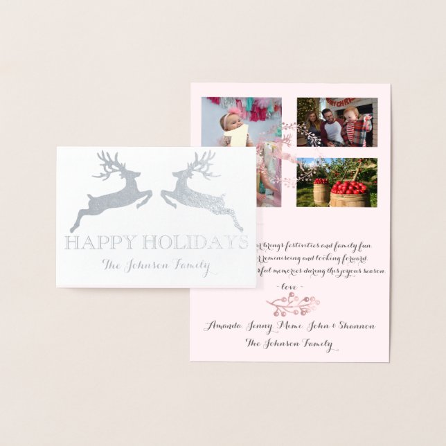 Happy Holidays Photo Family Reindeer Pink Rose Foil Card (Display)
