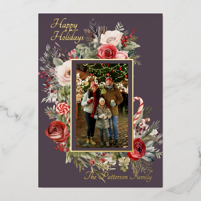 Happy Holidays Photo Floral Foil Holiday Card (Front)