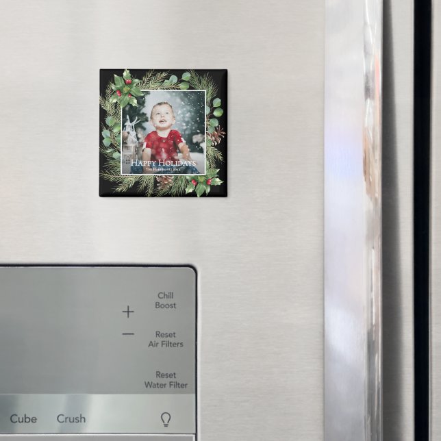 Happy Holidays Photo Greenery Square Magnet (In Situ (Fridge))