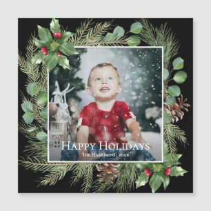 Happy Holidays Photo Greenery Square Magnetic Card