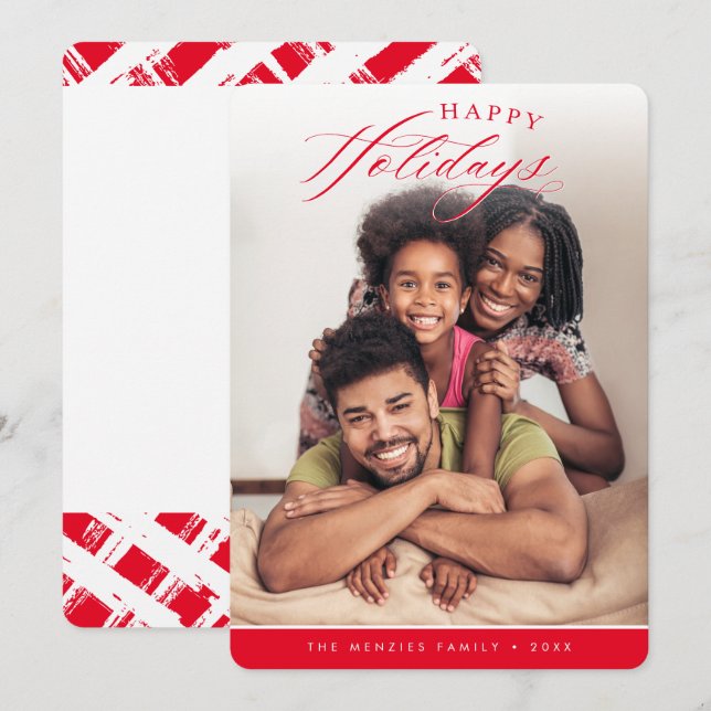 HAPPY HOLIDAYS PHOTO modern calligraphy red Holiday Card (Front/Back)