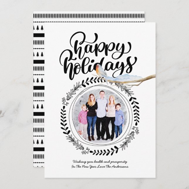 HAPPY HOLIDAYS PHOTO Modern Festive Robin Xmas Invitation (Front/Back)