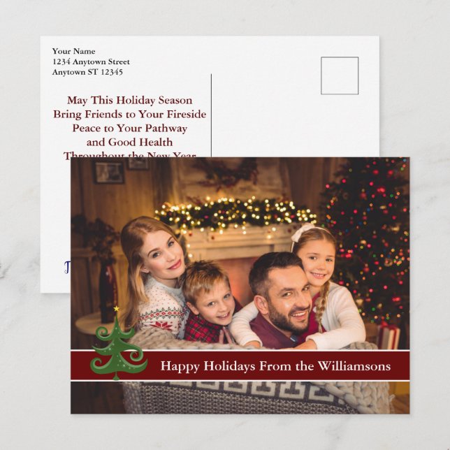 Happy Holidays Photo Modern Green Christmas Tree Postcard (Front/Back)
