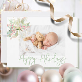 Happy Holidays Photo Pink Gold Pastel Poinsettia Holiday Card