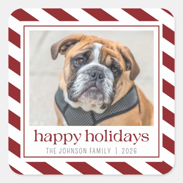Happy Holidays Photo Red White Stripe  Square Sticker (Front)