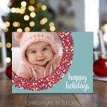 Happy Holidays Photo - Whimsical berry wreath Holiday Postcard<br><div class="desc">A farmhouse blue with a berry wreath as a photo frame. A modern script is used for the Happy Holidays. A Christmas greeting - May your days be merry and bright - included on the postcard side with an area for family signature and greeting.</div>