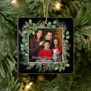 Happy Holidays Photo Wreath Greenery  Ceramic Ornament