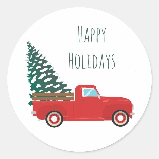 Happy Holidays Pickup Truck Christmas Tree Red Classic Round Sticker (Front)