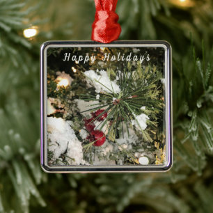 Happy Holidays Pine Branch Metal Ornament