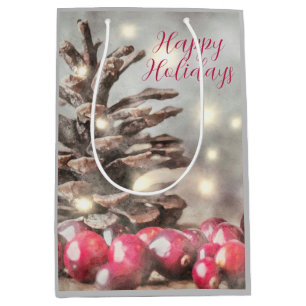 Happy Holidays Pine Cone Holly Berries Medium Gift Bag