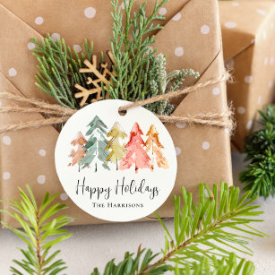 Happy Holidays Pine Tree Watercolor Favour Tags