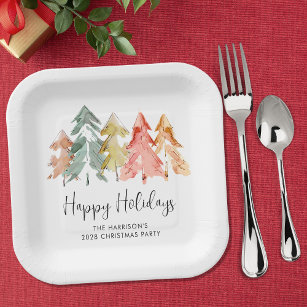 Happy Holidays Pine Trees Christmas Party Paper Plate