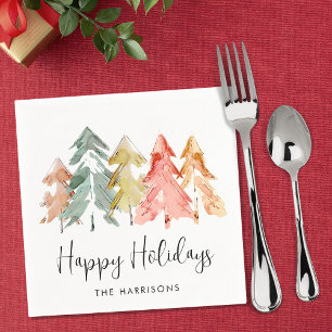 Happy Holidays Pine Trees Watercolor Christmas Napkin