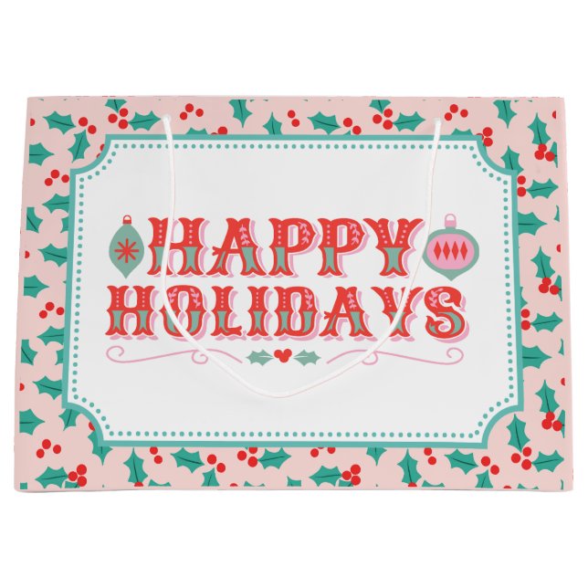 Happy Holidays | Pink and Red Holly Large Gift Bag (Front)