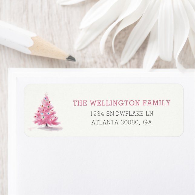 Happy Holidays Pink Christmas Tree Custom Address (Insitu)