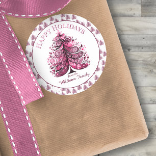 Happy Holidays Pink Christmas Tree Gift Tag Sticke