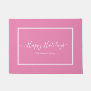 Happy Holidays pink family name  Doormat