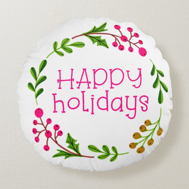 Happy Holidays Pink & Green Wreath Round Pillow (Front)