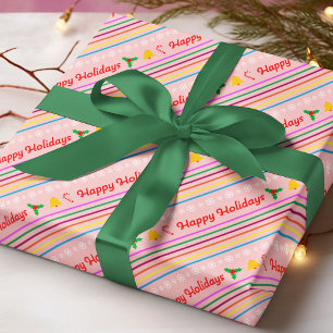Happy Holidays Pink Holly Candy Cane Christmas Wrapping Paper
