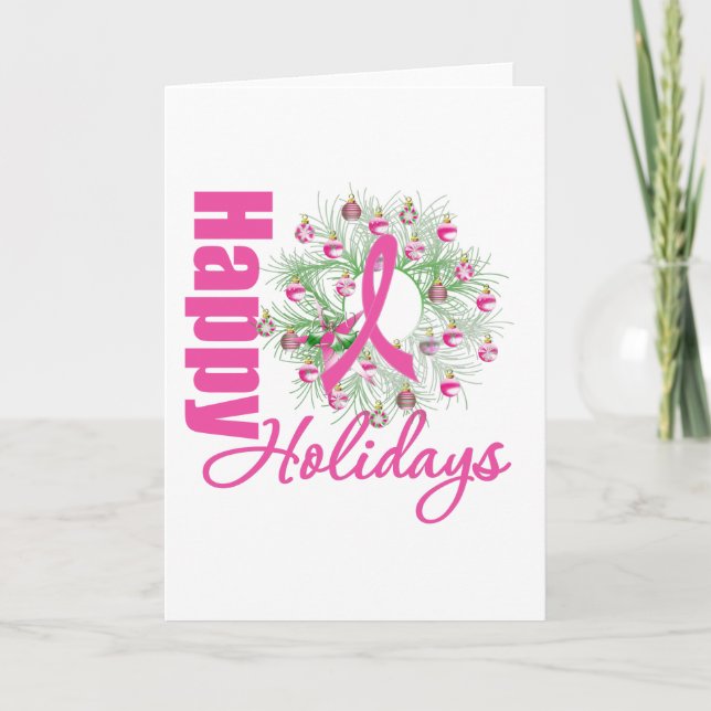 Happy Holidays Pink Ribbon Wreath Holiday Card (Front)