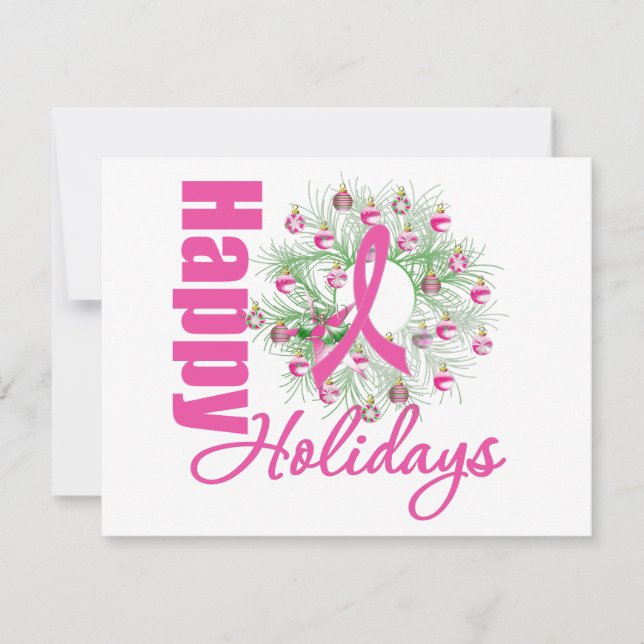 Happy Holidays Pink Ribbon Wreath Holiday Card (Front)