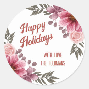 Happy Holidays Pink Roses Burgundy Cosmos Classic Round Sticker