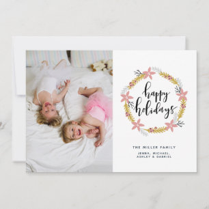 Happy Holidays Pink Wreath   Holiday Photo Card