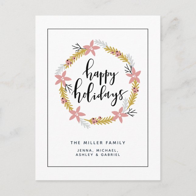Happy Holidays Pink Wreath Holiday Postcard (Front)