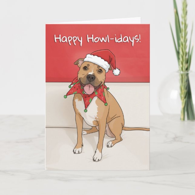 Happy Holidays Pit Bull Dog Drawing in Santa Hat  Holiday Card (Front)