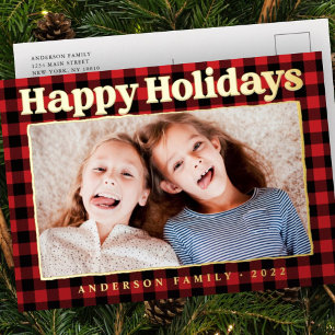 Happy Holidays Plaid Pattern Family Photo Foil Holiday Postcard