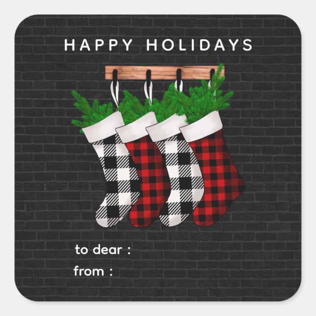 Happy Holidays Plaid Stockings Holiday Gift Label  (Front)