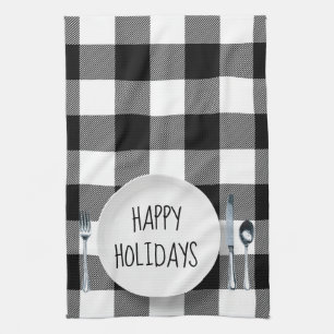 Happy Holidays Plate On Buffalo Plaid Kitchen Towe Towel