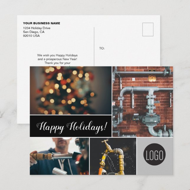 Happy Holidays Plumbing Business logo and Photos Holiday Postcard (Front/Back)