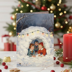 Happy Holidays Poem Vintage Children in Snow Fort Holiday Card