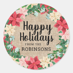 Happy Holidays Poinsettia Brown Burlap Classic Round Sticker