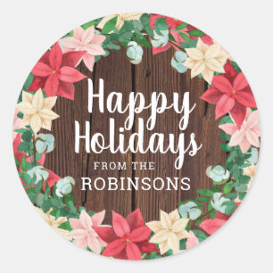 Happy Holidays Poinsettia Dark Wood Classic Round Sticker