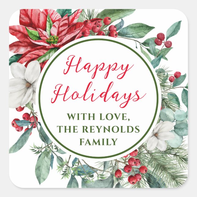 Happy Holidays Poinsettia Floral Favour Square Sticker (Front)