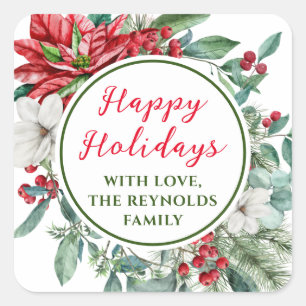 Happy Holidays Poinsettia Floral Favour Square Sticker